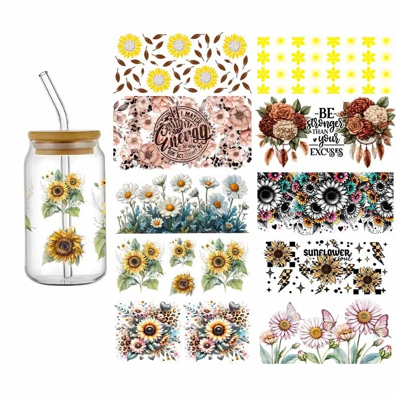 

Fashion Flower 3D UV DTF Wraps Cup Transfer Sticker 16oz Libbey Mug Glass Cup Unique Design Flowers Decals DIY
