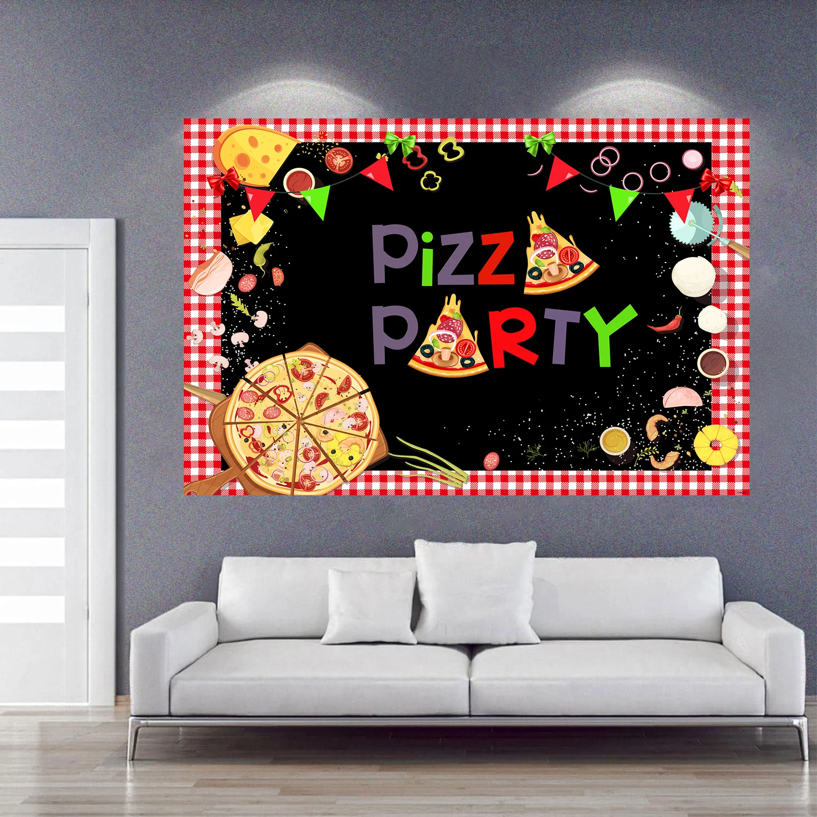 5x3ft Pizza Party Photo Backdrop Props Pizza Color Food Kids Birthday Decor Backdrop Photography Banner for Table Party Decor