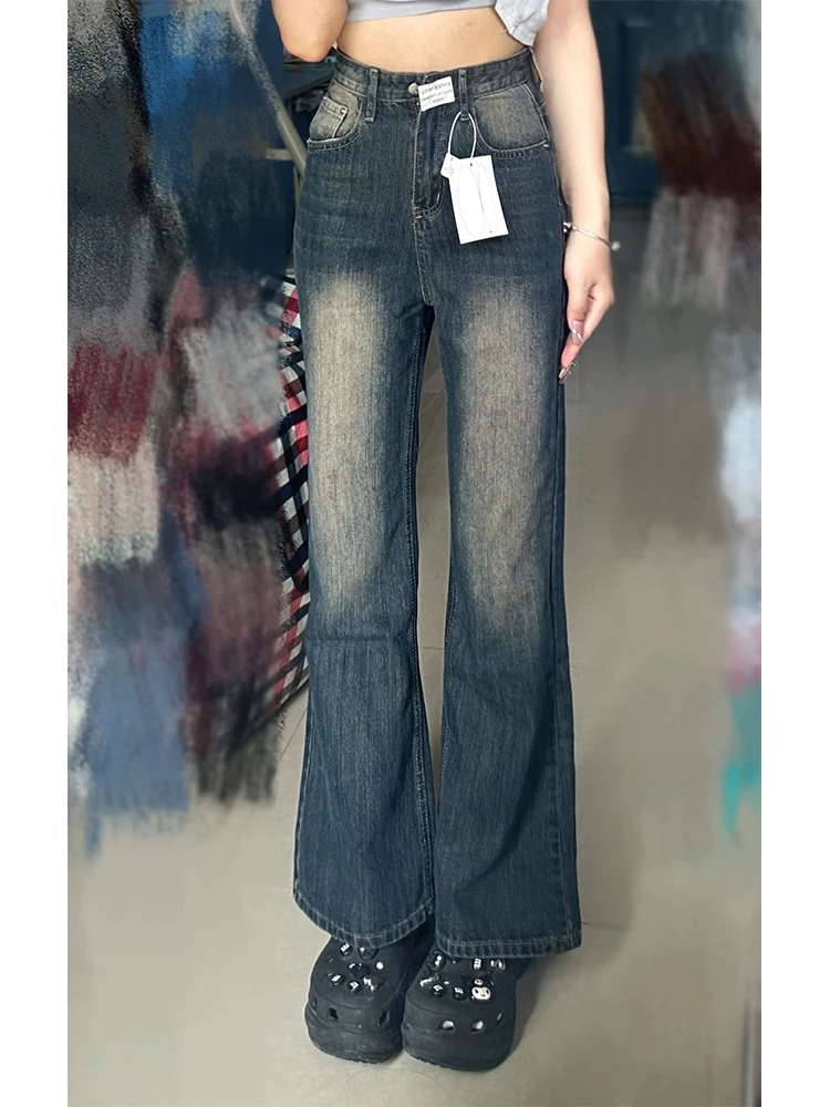 

2024 Spring Autumn Women's Retro High Waist Flared Pants Female Loose Casual Jeans Ladies Long Pockets Denim Trousers L277