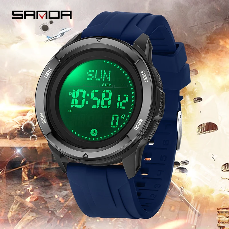 SANDA 2197 ساعة إلكترونية رياضية خارجية مضادة للصدمات ومضادة للسقوط 5ATM مقاومة للماء للرؤية الليلية ضوء بارد خطوة السعرات الحرارية البوصلة