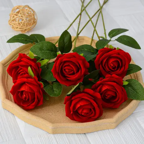 15PCS Simulation Velvet Roses Real Touch Artificial Flowers for Wedding Decor Home Party Red Velvet Cloth Roses 50cm