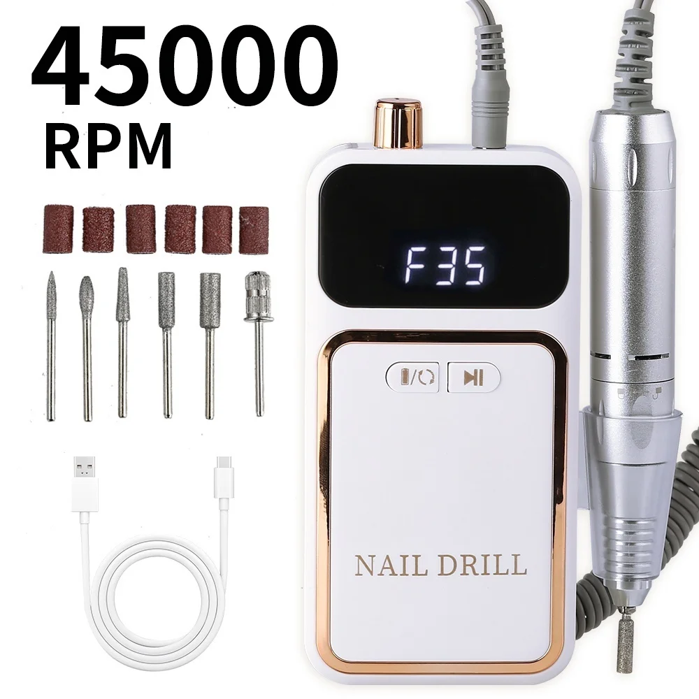 

Professional 45000RPM Electric Portable Nail Drill Machine Rechargeable Low Noise Nail Sander File for Manicure Salon Tool