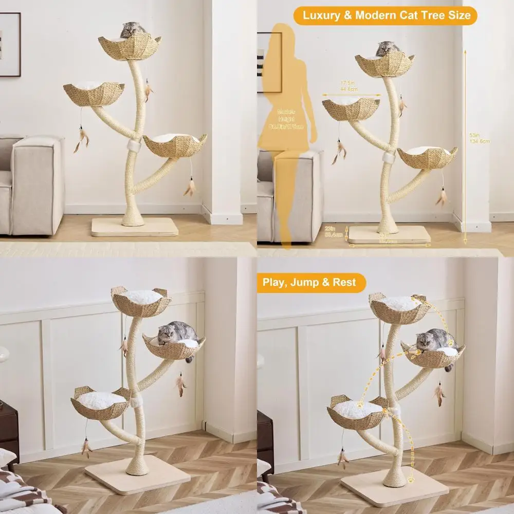 

Luxury Cat Tower for Large Cats: Modern Scratching Posts with Woven Baskets and Mats for Multi-Cat Families