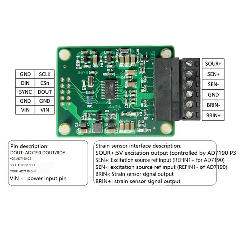 AD7190 ADC Module d'acquisition de contrainte de haute précision Module de carte d'acquisition de pression 24 bits pont de contrainte-AB01