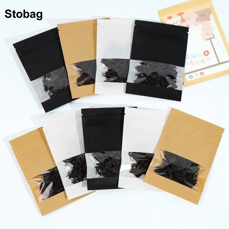 StoBag 100pcs Kraft Paper Ziplock Bag Black White Small with Window Food Packaging for Candy Cookie Tea Storage Thick Pouches