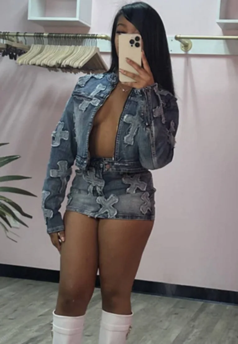 Denim Jacket Set 2 Piece Outfit Jean Tie Dye Dress Y2K Streetwear Sexy Jackets Coat Two Piece Set Outfits Winter Clothing