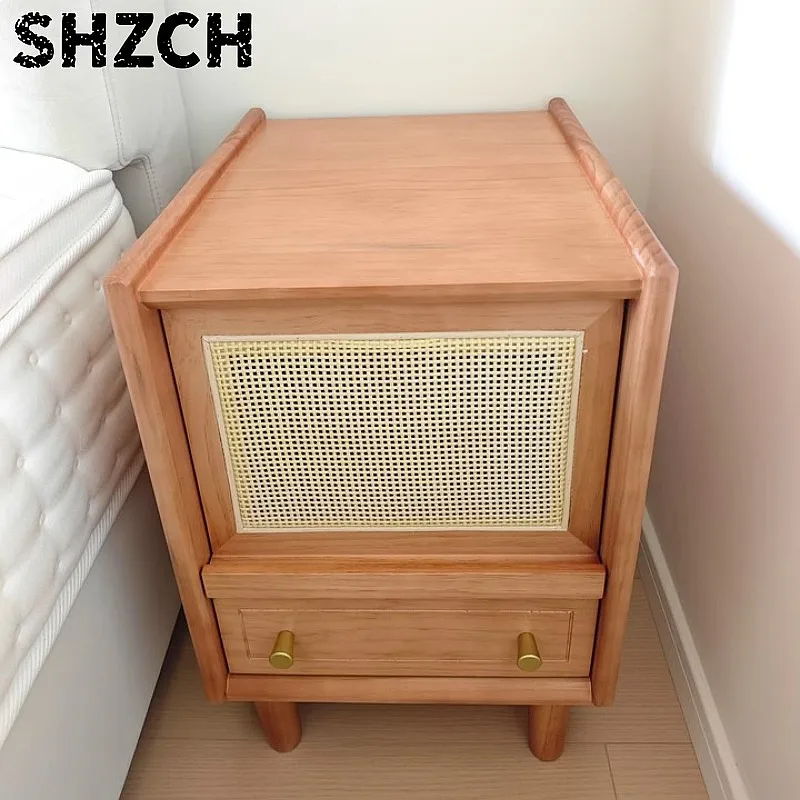 Nordic Solid Wood Nightstand with Woven Rattan Drawer Minimalist Bedside Table Storage Cabinet