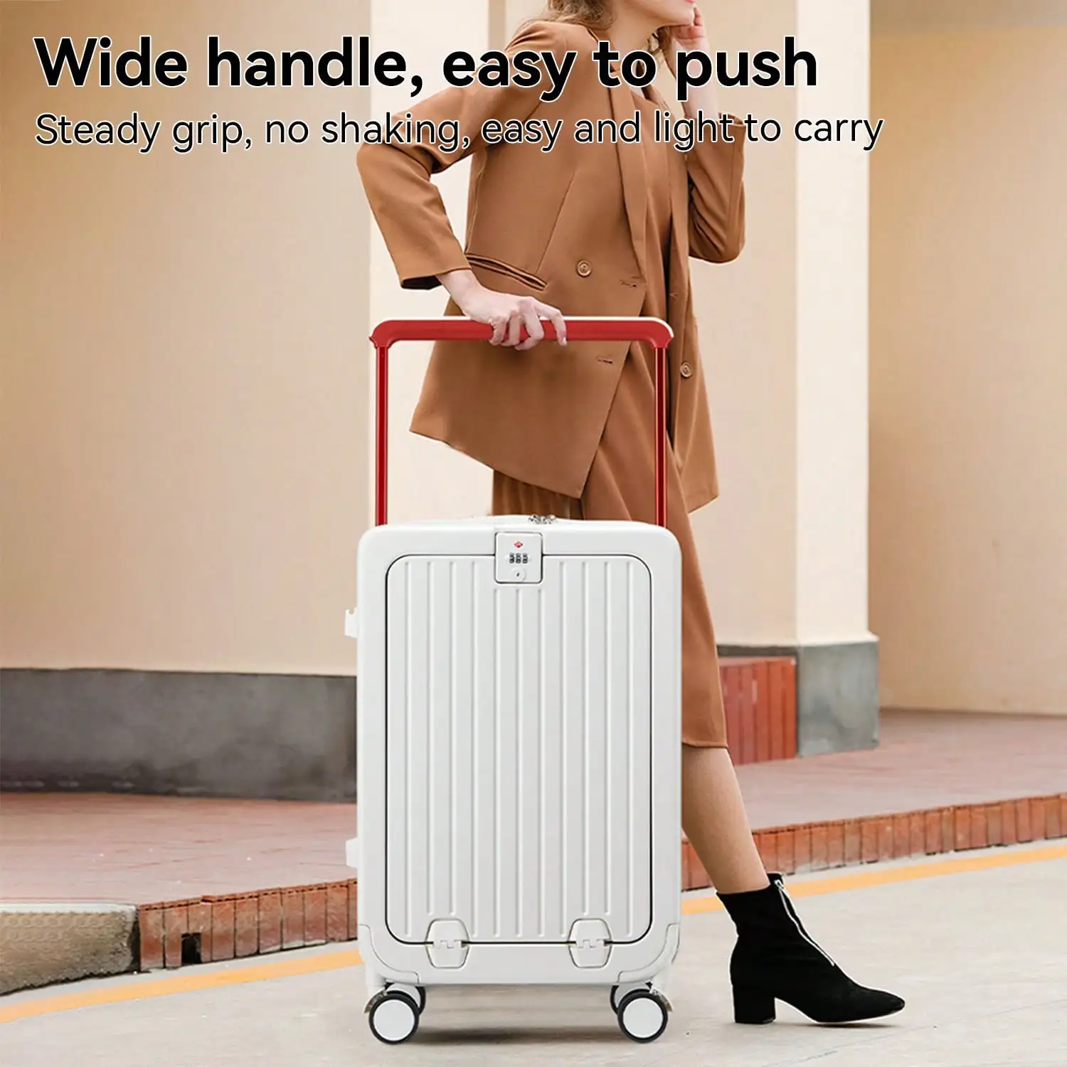 20 Inch Front Opening Hard Shell Carry‑On Suitcase, Wide Aluminum Handle Luggage with USB Charging Port & Built‑in Laptop Pocket, Lightweight Airline Approved Hardside Trolley Case for Business Travel, Short Trips, College Dorm and Cruise Travel for Men