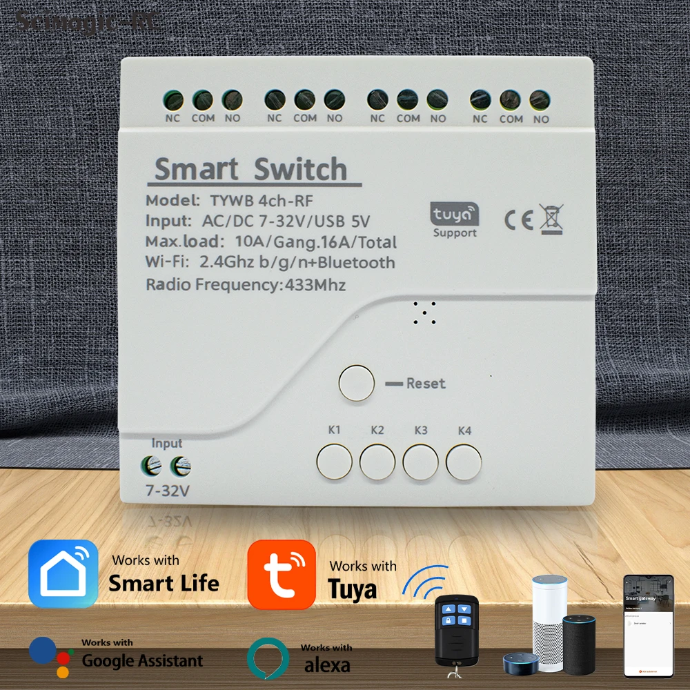 Tuya Smart 4 Channel Dry Contact Switch Module 7-32V/85-250V AC 220V 10A Wifi Relay Supports Compatible with Alexa Google Home