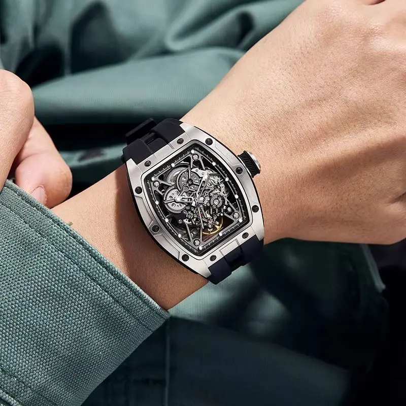 Supports Credit Cards Luxury Steel Shell Wine Barrel Watch White Automatic Mechanical 30M Waterproof Luminous Hands Hollow Dial