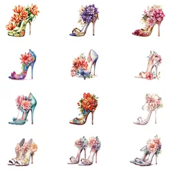 12 piece high-heeled shoes flower washable  Patch Hot Press for Clothing DIY T-shirt Stickers