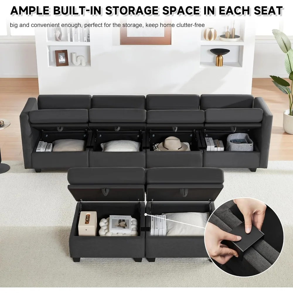 أريكة مقطعية قابلة للتحويل على شكل حرف U مع مساحة تخزين، أريكة معيارية لغرفة المعيشة، تتضمن العثمانيين، مساحة معيشة عالية الجودة