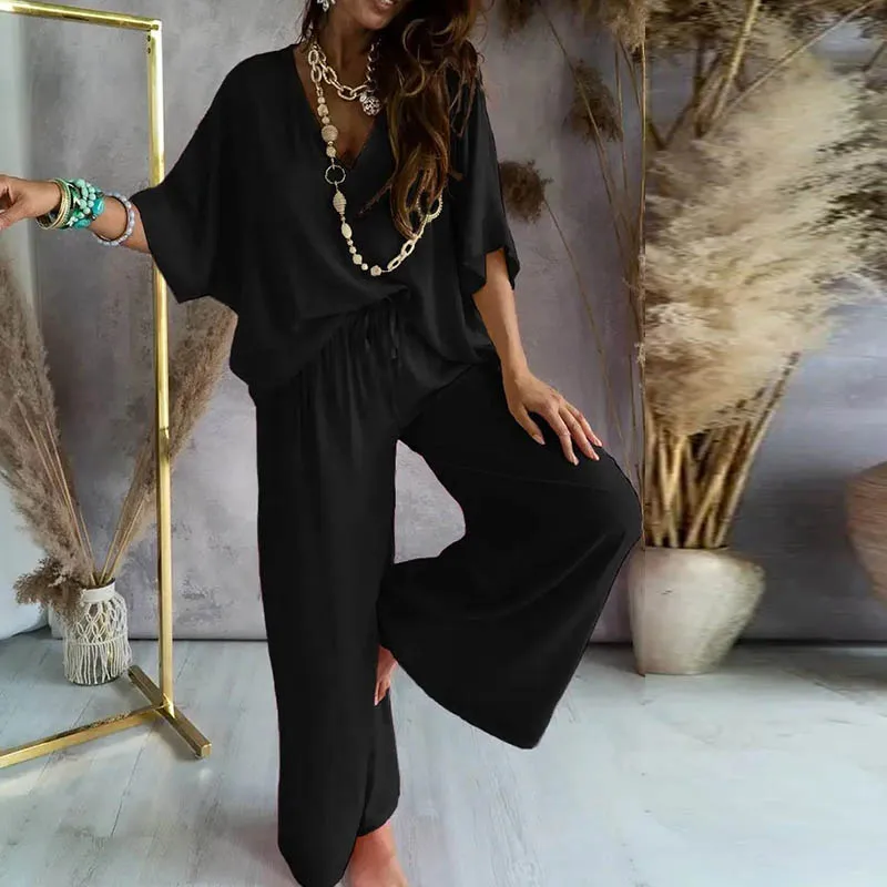 Loose Women Shirt Pants Two Piece Set Elegant Deep V neck pulloverTop And Elastic High Waist Trousers Suit Autumn Trouser Suits