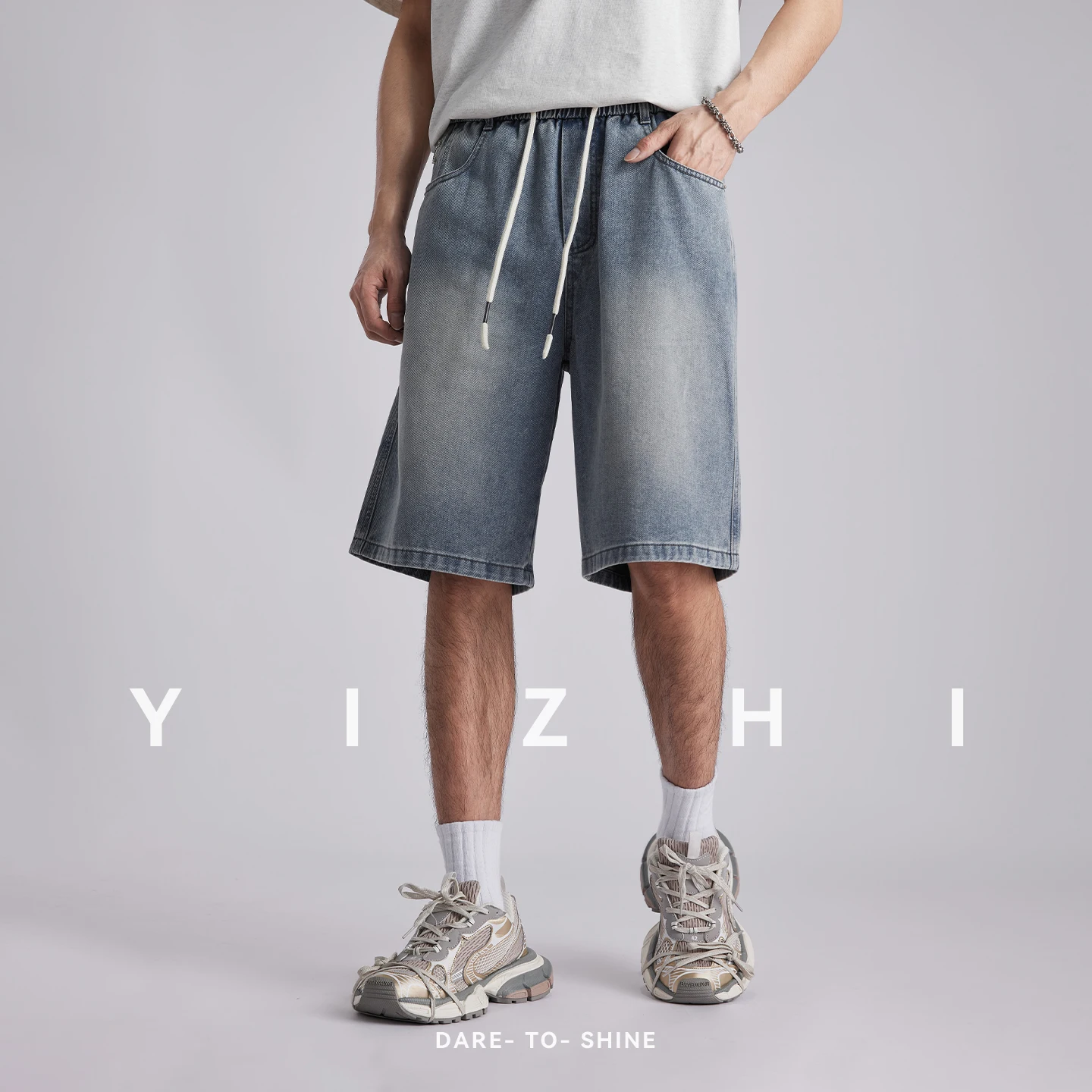 

Fashion Men's Vintage Washed Denim Shorts 2026 Summer Drawstring Loose Wide Leg Casual Curved Five-point Pants