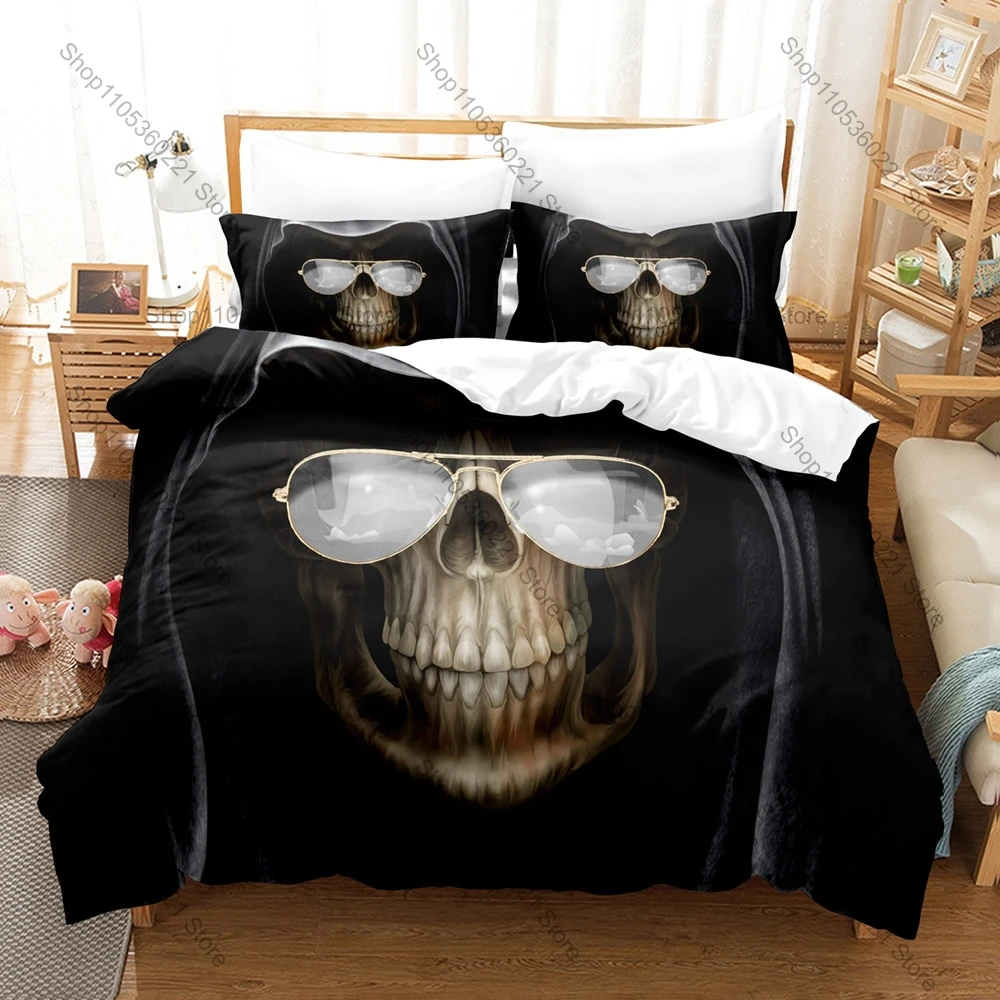 Reaper Skull Angel And Demon Themed Duvet Cover + 2 Pillowcases Dark Graphic Cozy Bedding Home & Dorm