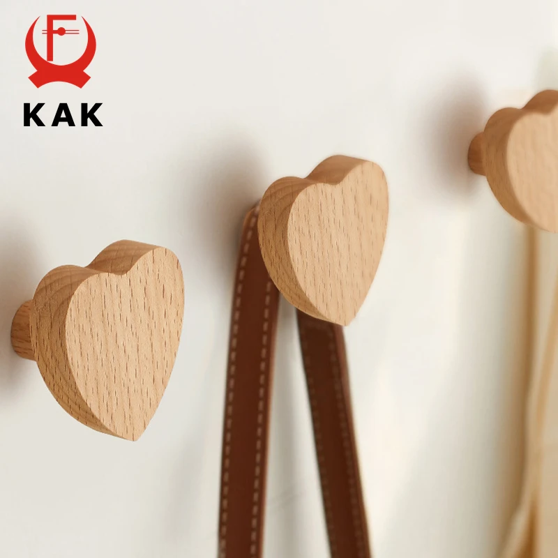 

KAK Heart Shape Wooden Furniture Knobs Punch-free Wall Hanging Hooks Kitchen Cabinet Handles Cupboard Door Pulls Hardware