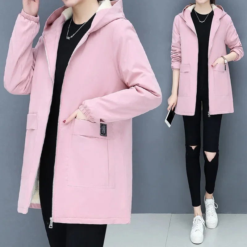 2024 New Winter Jacket Cotton Warm Puffer Coat Women Casual Parkas With Lining Plush hooded trench Outwear Women\'s Clothes