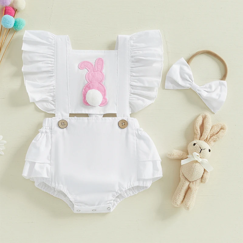 

Baby Girls Easter Outfits Ruffle Sleeveless Bunny Embroidery Hollow Out Romper + Headband 2 Pieces Set Newborn Clothes