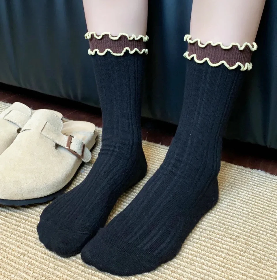 6 Colors Colorblocking Wooden Ear Trim Mid Calf Socks Women Ins Double Layer Lace Cotton Stacking Socks Fashion Accessories