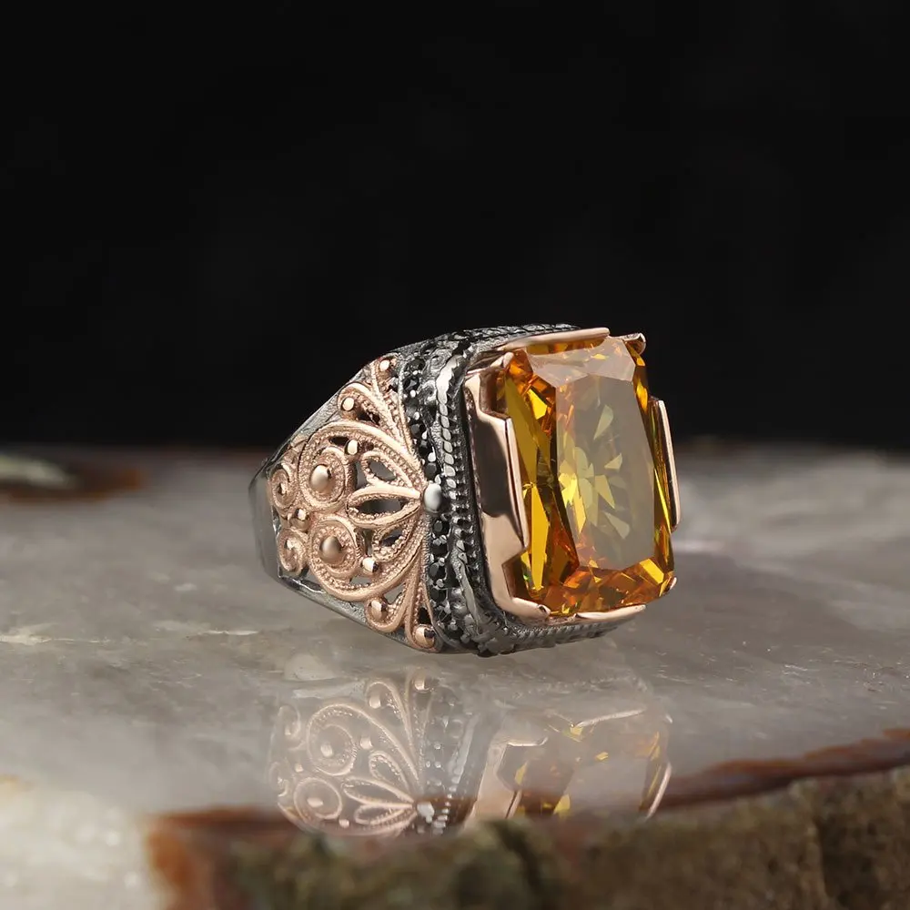 Rhodium Plated Citrine stone 925 sterling silver Men's Ring