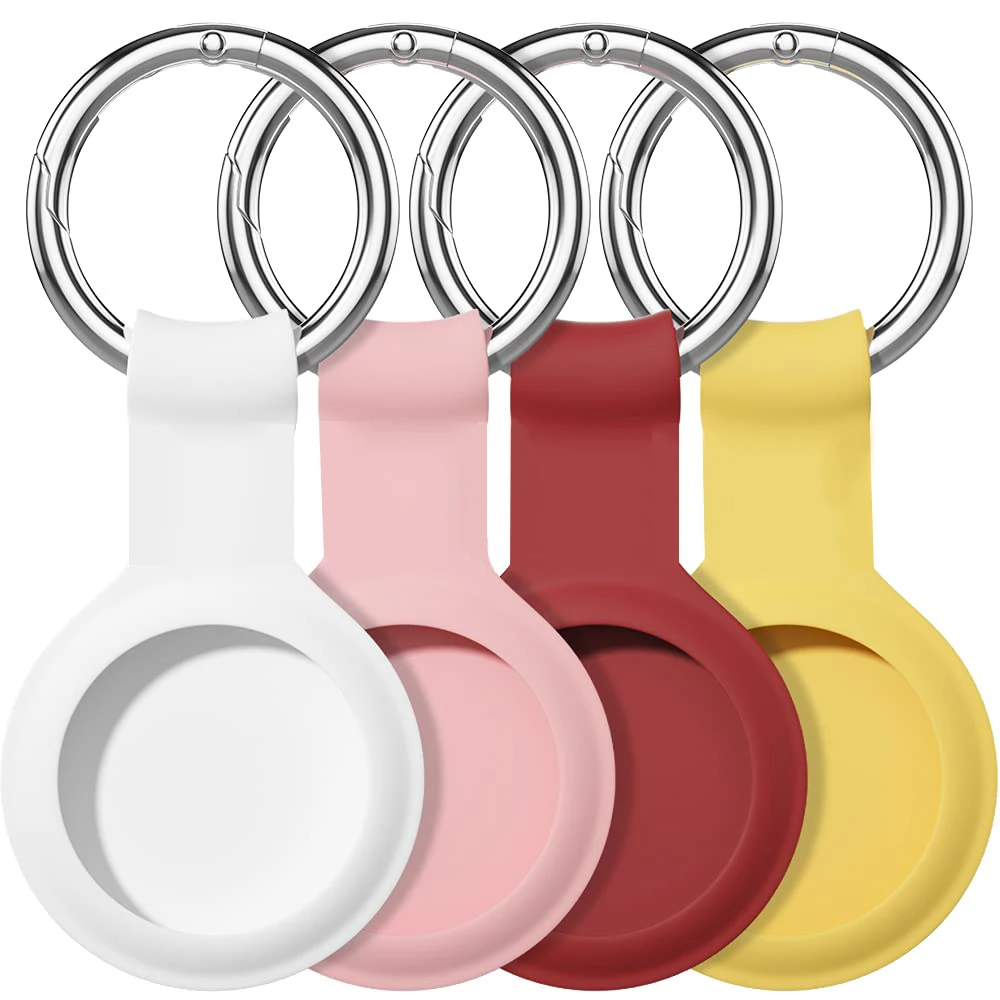 ABZZ-Compatible For Airtag Case Keychain ,Silicone Protective Cover Secure Holder With Key Ring-4 Pack Red/White/Yellow/Pink