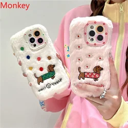 Cute Cartoon Dachshund Flower Camera Lens Phone Holder Case For iPhone 16 15 Pro Max 14 Plus 13 12 11 Plush Soft Silicone Covers