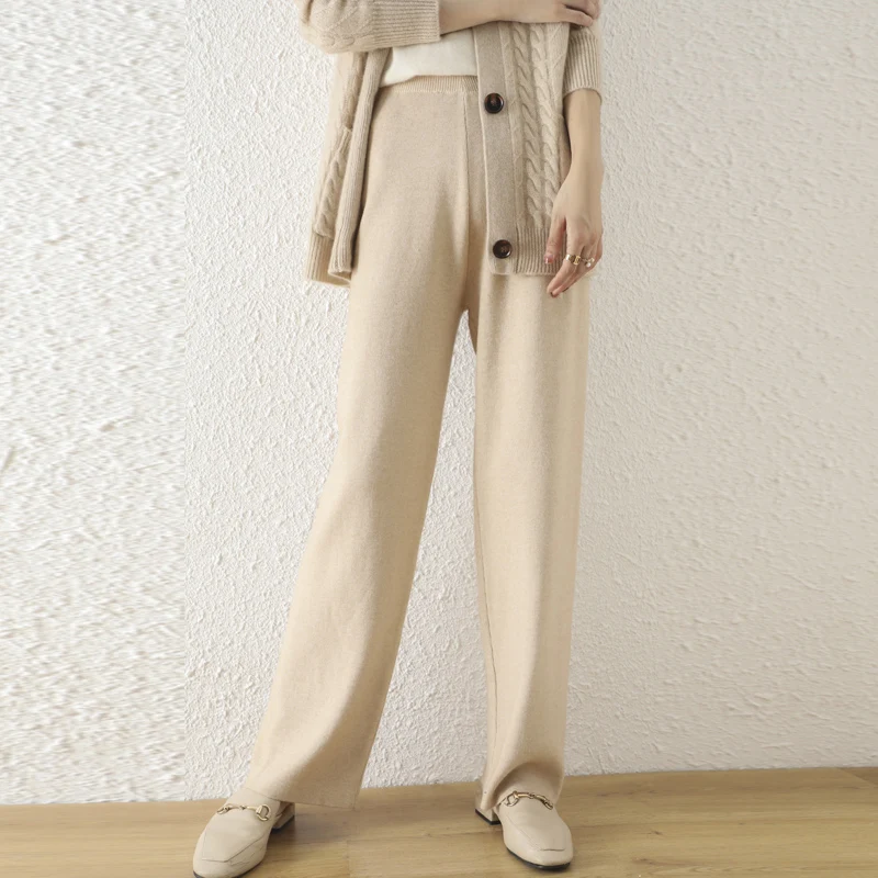 

Шерстяные вязаные брюки с высокой талией и широкими штанинами для женщин, повседневные свободные длинные брюки, осенне-зимняя новинка