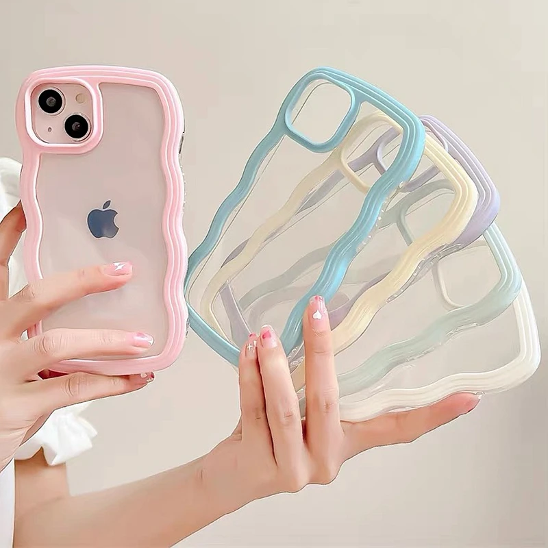 

Soft Wavy Lines Phone Case For iphone 11 12 13 14 15 16 Pro Max X XR 14 15 16 Plus Candy Bumper Transparent Cases Cover