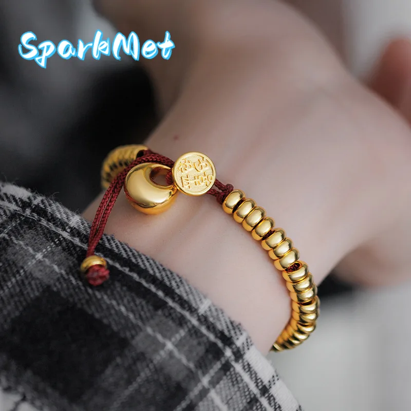 

Браслет Sparkmet из чистого золота 9999 пробы (24K) для мужчин и женщин, новый, гладкий, с символикой мира, радости и денег, на красной нити, в китайском стиле