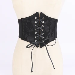 Black Sex Lace Girdle Women's Corset Outerwear Belts For Lady Decorative Dress French retro Elastic wide Cummerbund Snaps