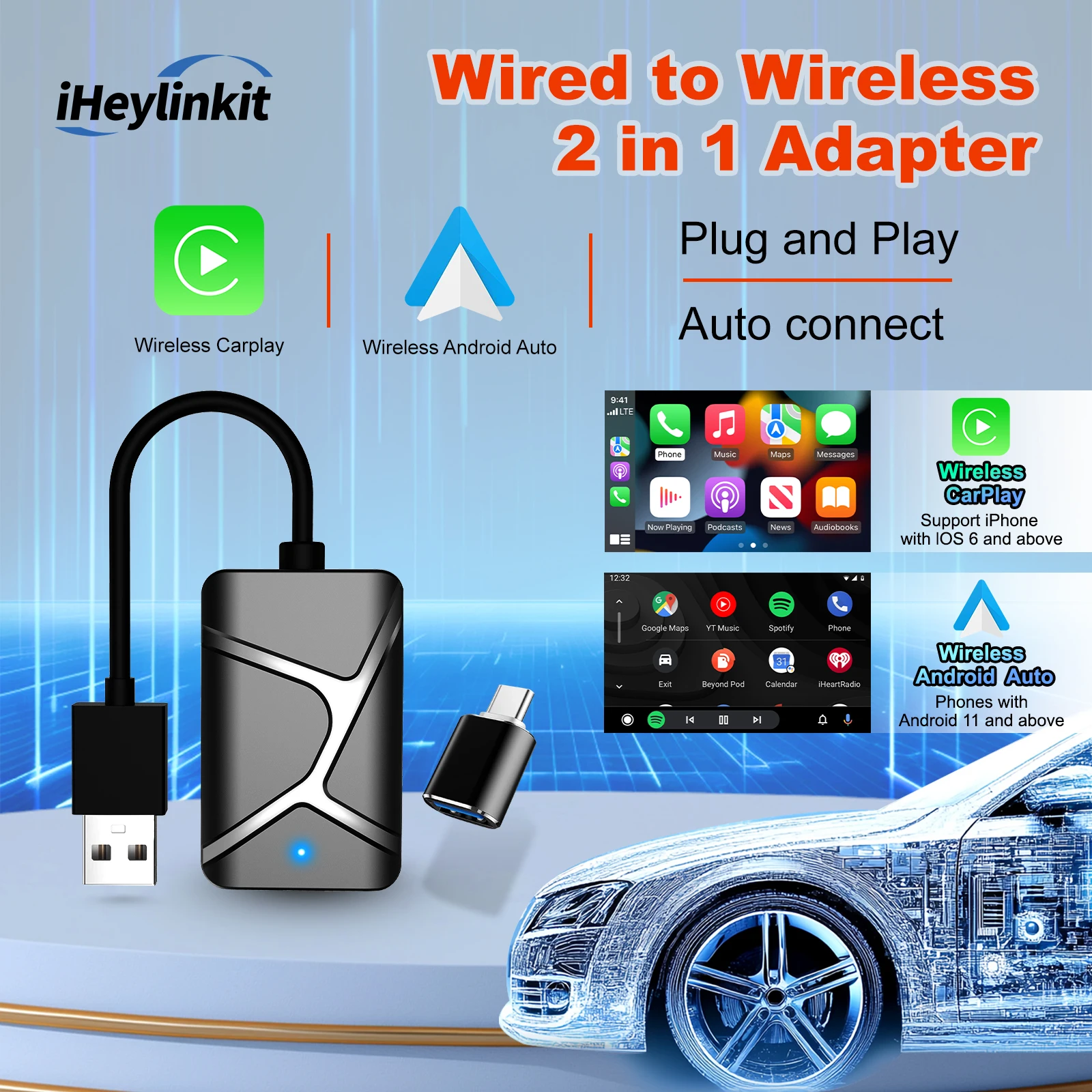 

iHeylinkit 2 in1 CarPlay Wireless Adapter CarPlay Mini Box Android Auto Dongle For Benz Audi Mazda Kia Toyota VW OEM Car Radio