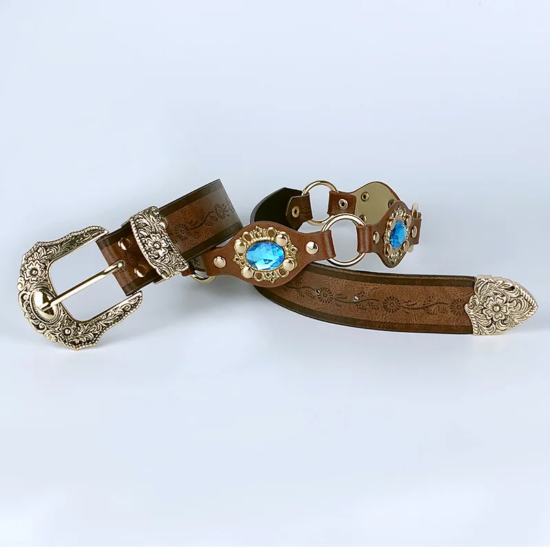 Vintage Western Women PU Leather Belt Engraved Metal Buckle Retro Embossed Cowgirl Waist Belt for Jeans Dresses Daily Accessory