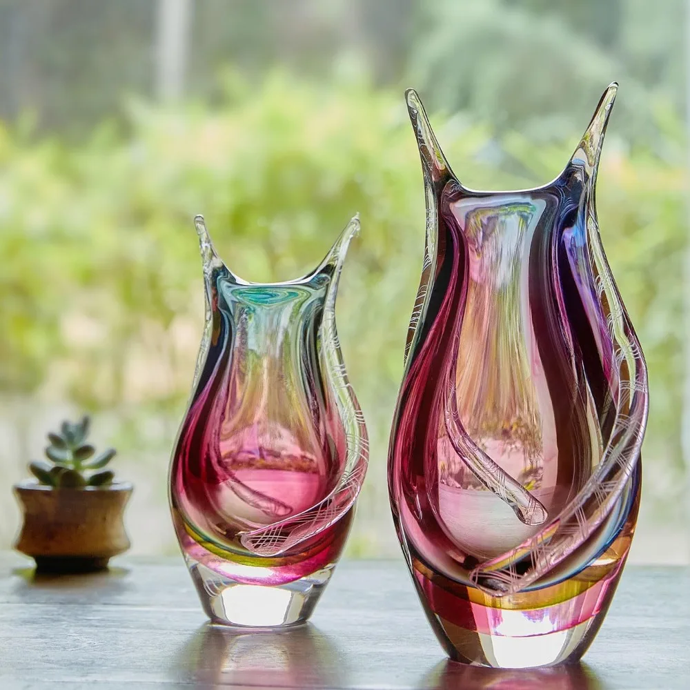 Vases,Hand Blown Sommerso Art Glass Teardrop Vase for Decor 10.5 Inch Tall Centerpiece Table Decoration