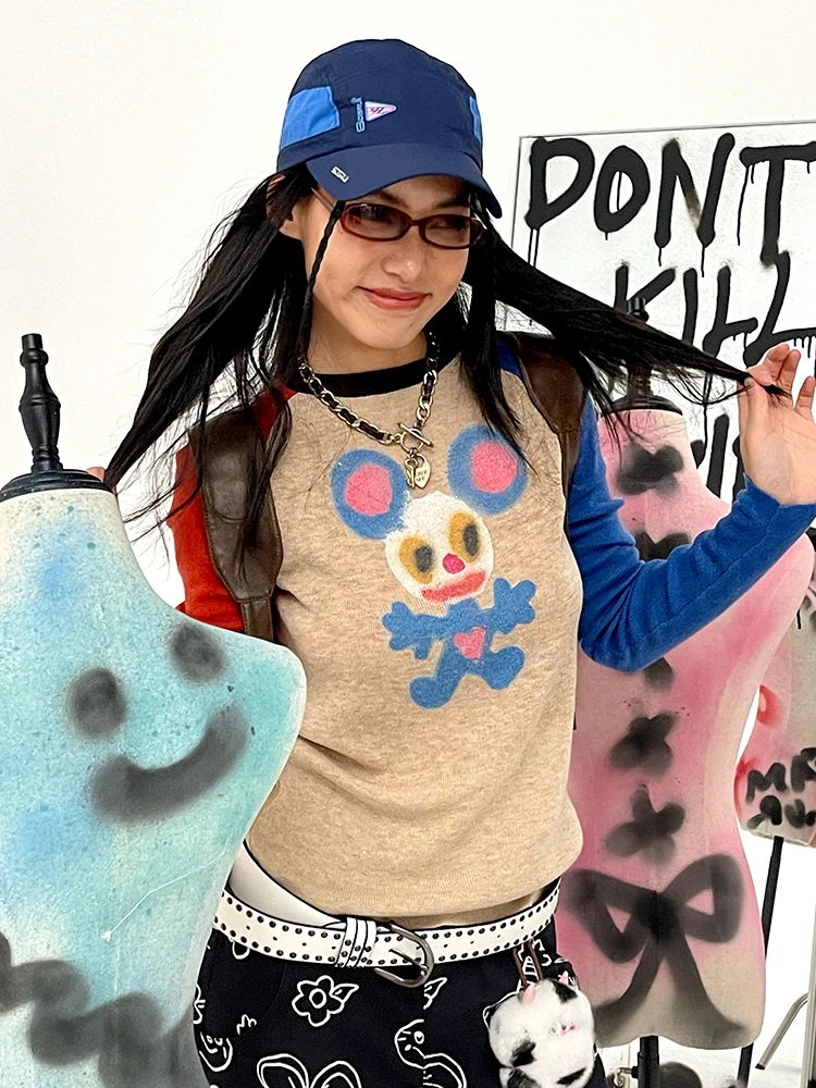 

Mofiscrcolour MOF Knitted Long Sve T-irt oulder Print Thin Girl Spring Faion Cute Sle round Ne Regular Fit