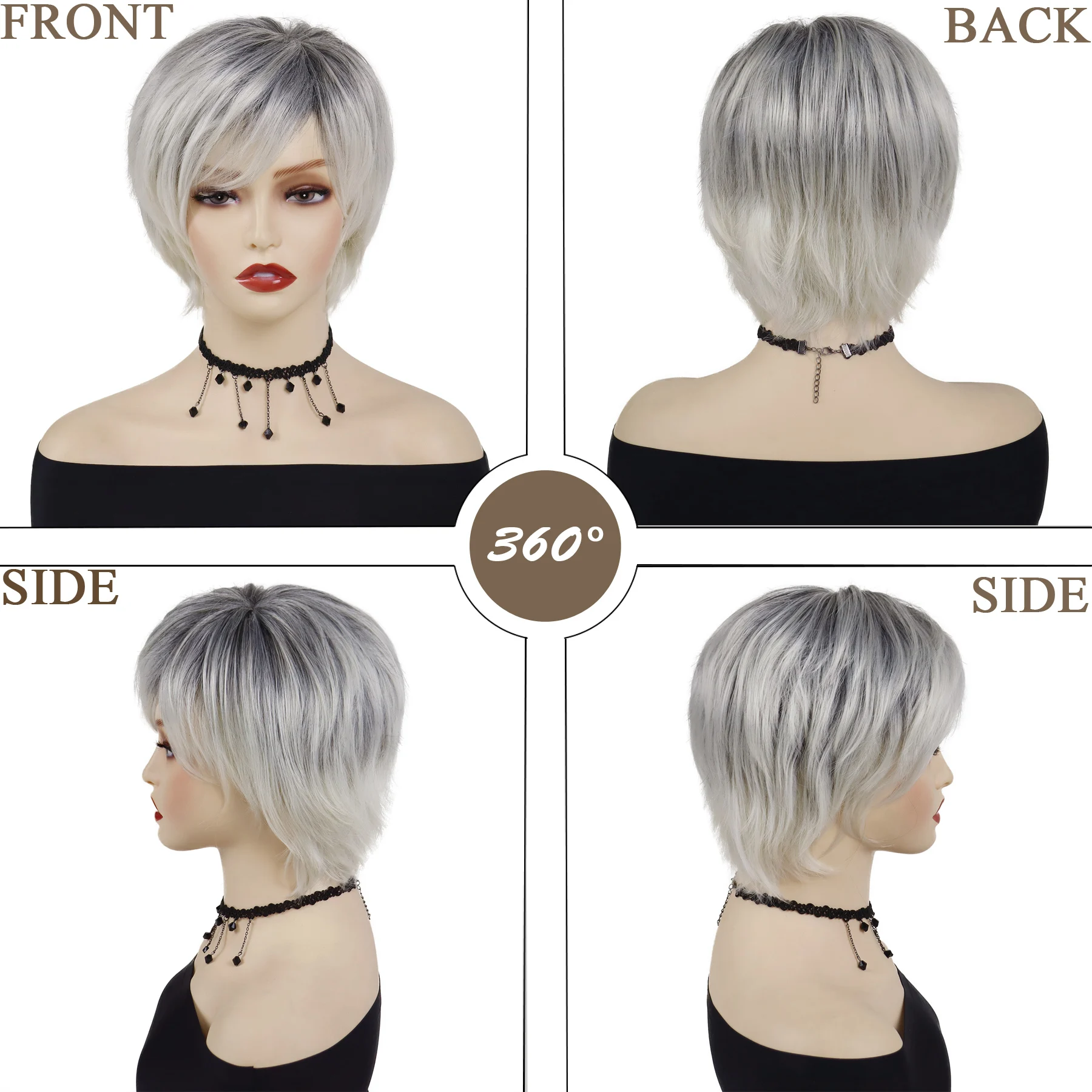 الاصطناعية أومبير رمادي الباروكات للنساء قصات الشعر القصير بوب شعر مستعار مع الانفجارات الجانبية الاستخدام اليومي تسريحات الشعر الطبيعية المسنين شعر مستعار للأم #6
