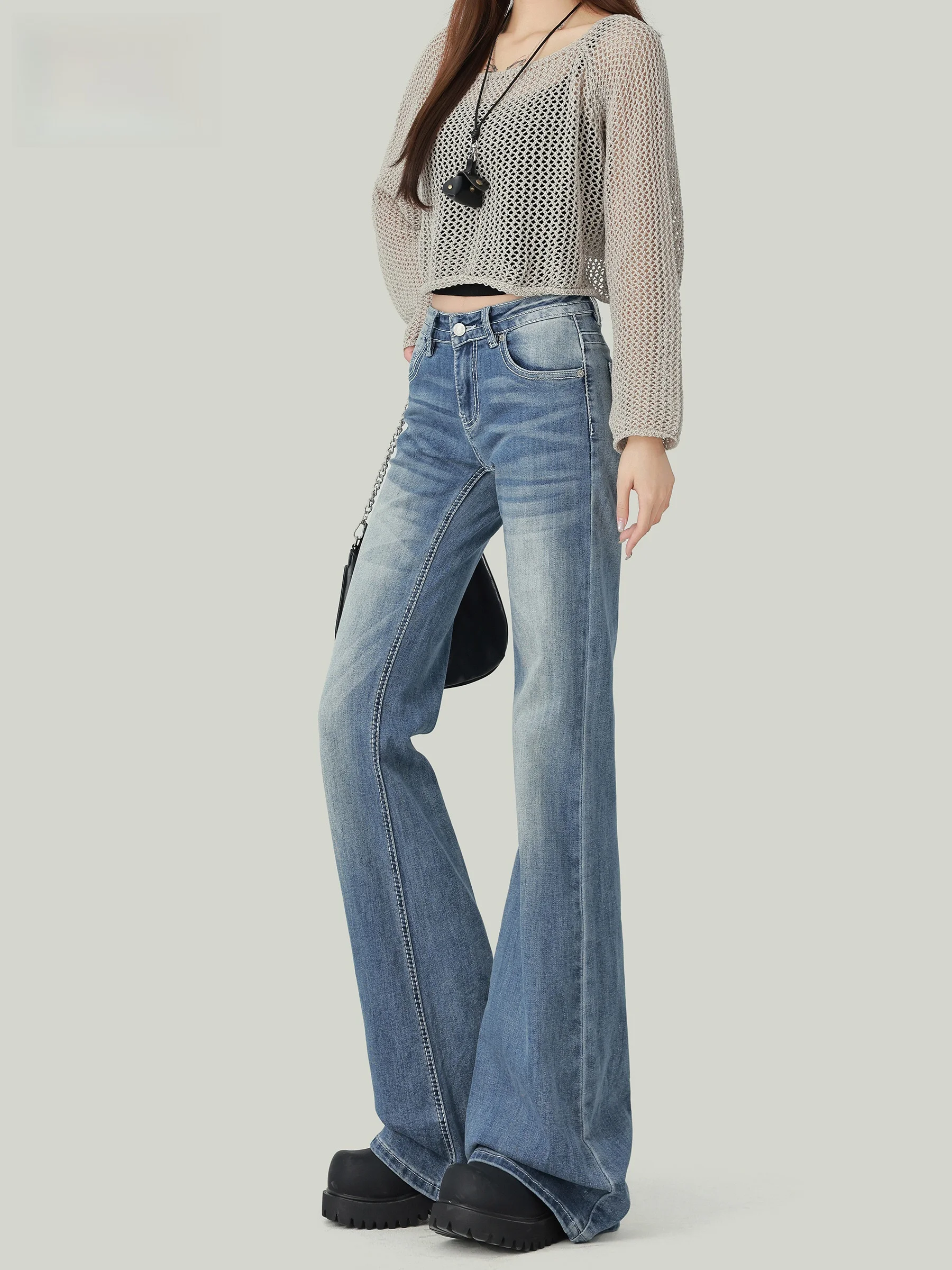 

Retro Blue High Waist Flared Jeans Women's Loose Fitting Bell Bottom Pants Casual Style Button Closure Standard Fit Jeans