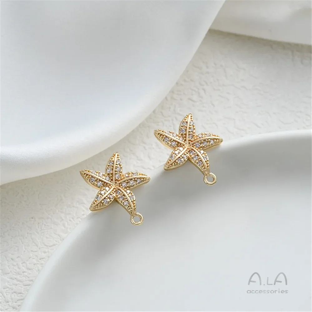 14K Bag Gold Inlaid Zirconium Water Drop-shaped Feather Starfish with Rings Studs DIY Silver Needle Earrings, Earrings Material.