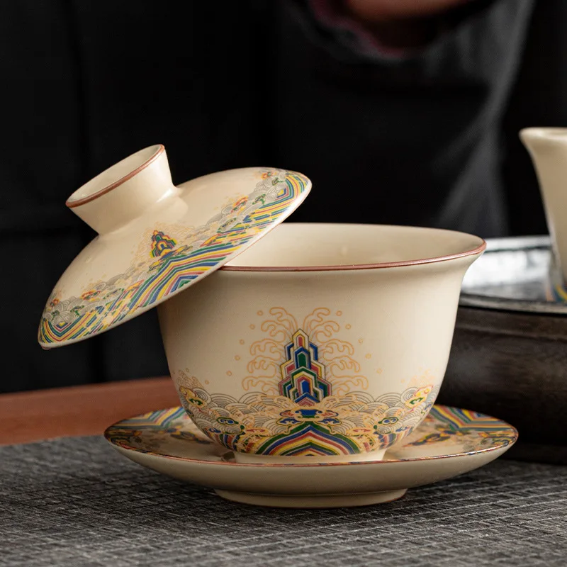 Ru Kiln Suspended Three Part Gaiwan Sea River Cliff Pattern Porcelain Lidded Tea Bowl High End Kung Fu Brewing Tea Vessel Decor