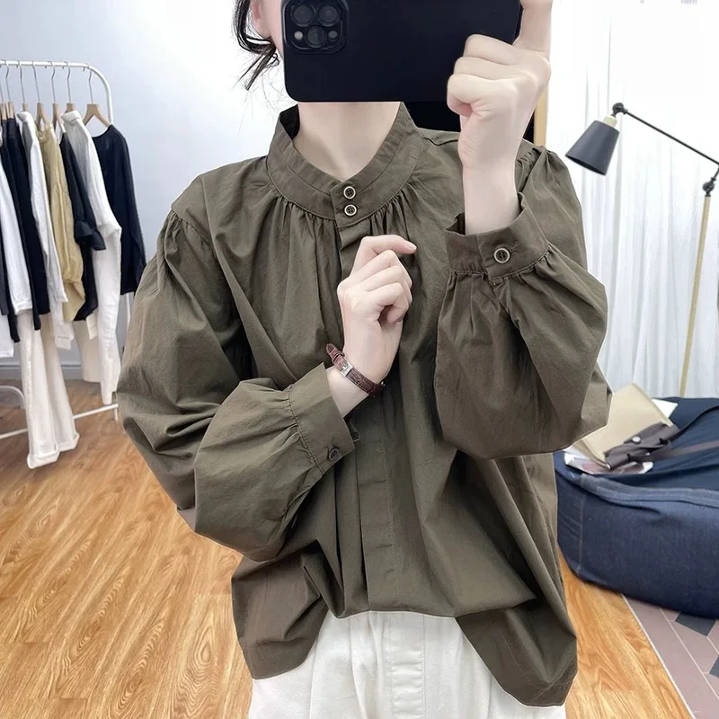 

Свободный длинный све irt Artistic Retro Воротник-стойка Фонарь Све Весенний новый Sle Большой размер Женский Faion Commute Sle