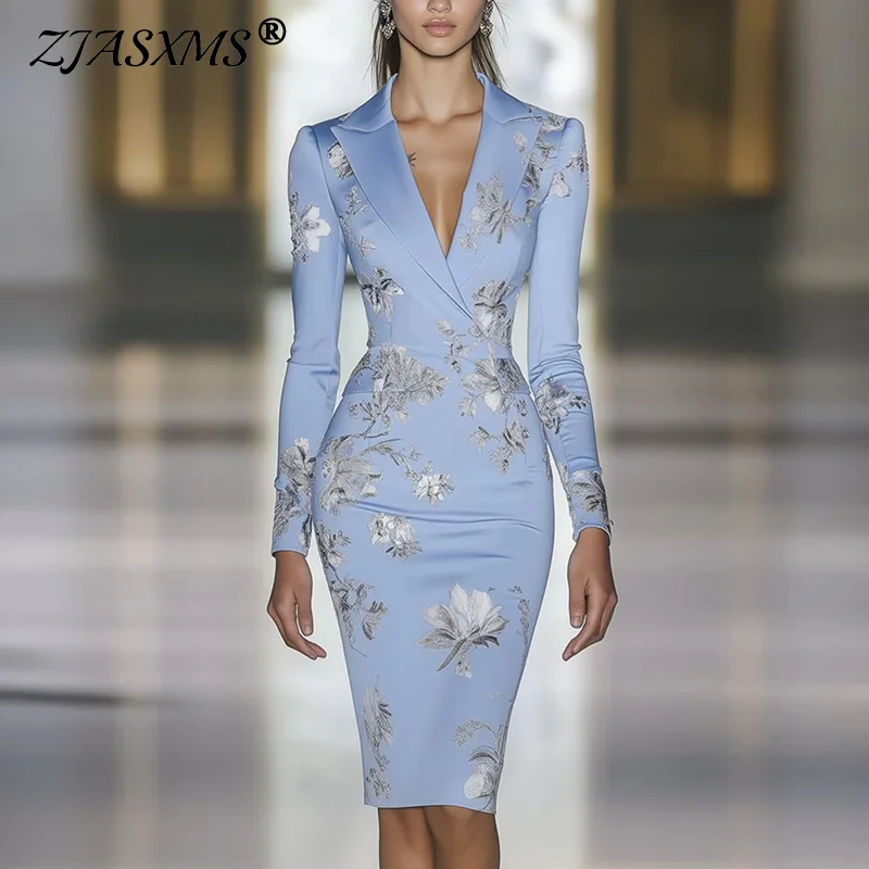 Frau Kleidung Kleider 2025, Frühling, Blumendruck, figurbetont, elegantes Abendkleid, Herbst, lange Ärmel, Umlegekragen, Pendelkleider