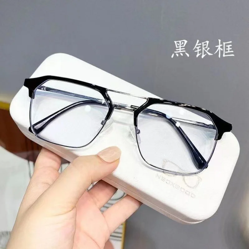 Semi-Rimless Myopia Glasses Men's Trendy with Degrees Anti-Blue Light Good-looking Double Beam Black Frame Plain Glasses