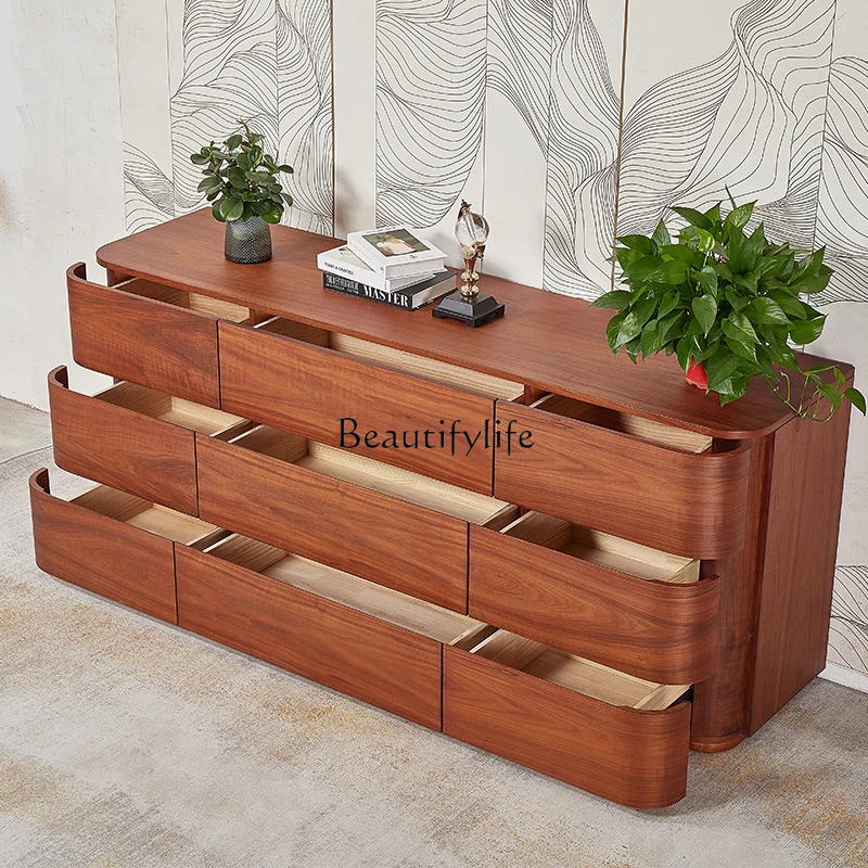 

04*Nordic modern simple solid wood nine chest cabinet walnut color bedroom TV cabinet
