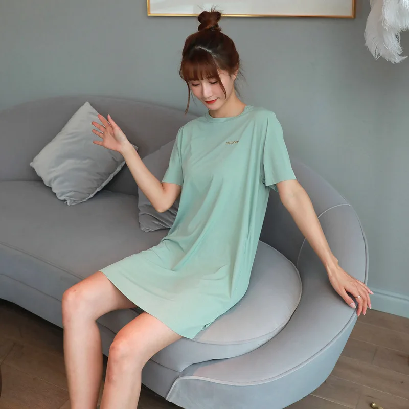 

Summer Solid Basic Night Dress Women Short Sleeve Nightgown Causal Loose Good Elastic Sleepshirts Nightdress Sexy Sleepwear