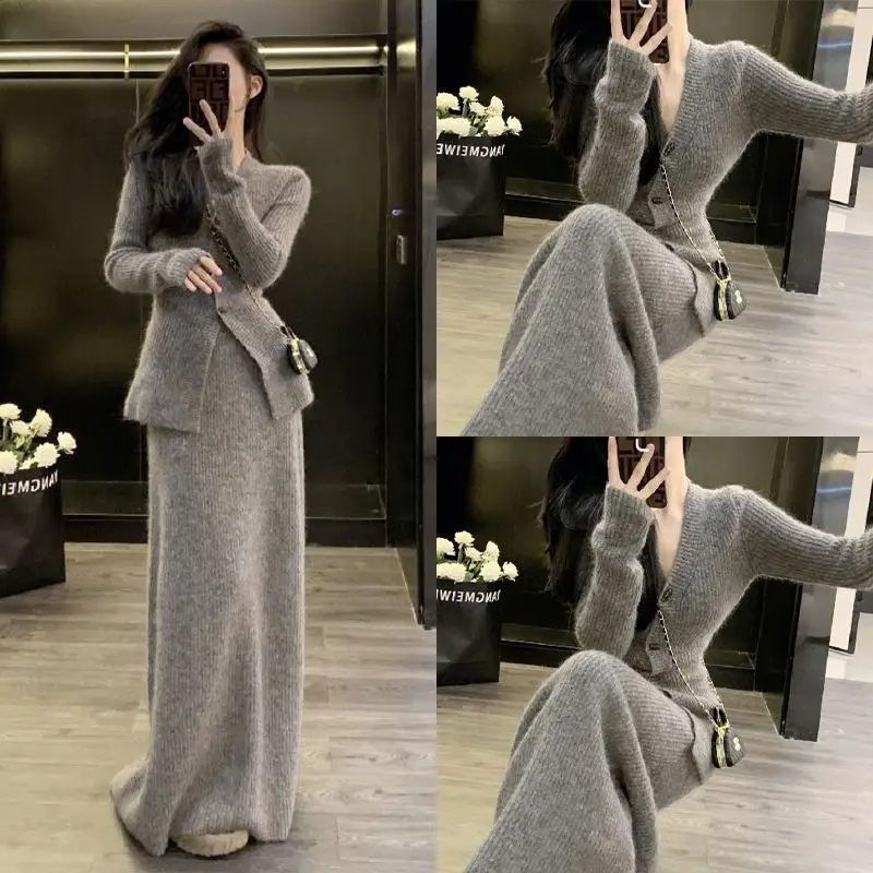 

2023 New Autumn Winter Women Sweater 2 Pieces Sets Female V-neck Knitted Jackets + Mid Length Pencil Skirts Ladies Suits R493