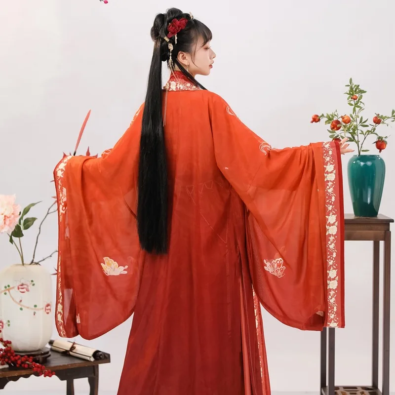 NT172 Hanfu Female Original Authentic Chinese Style Red Waist Collar Big Sleeve Shirt Ancient Song System Three Pieces