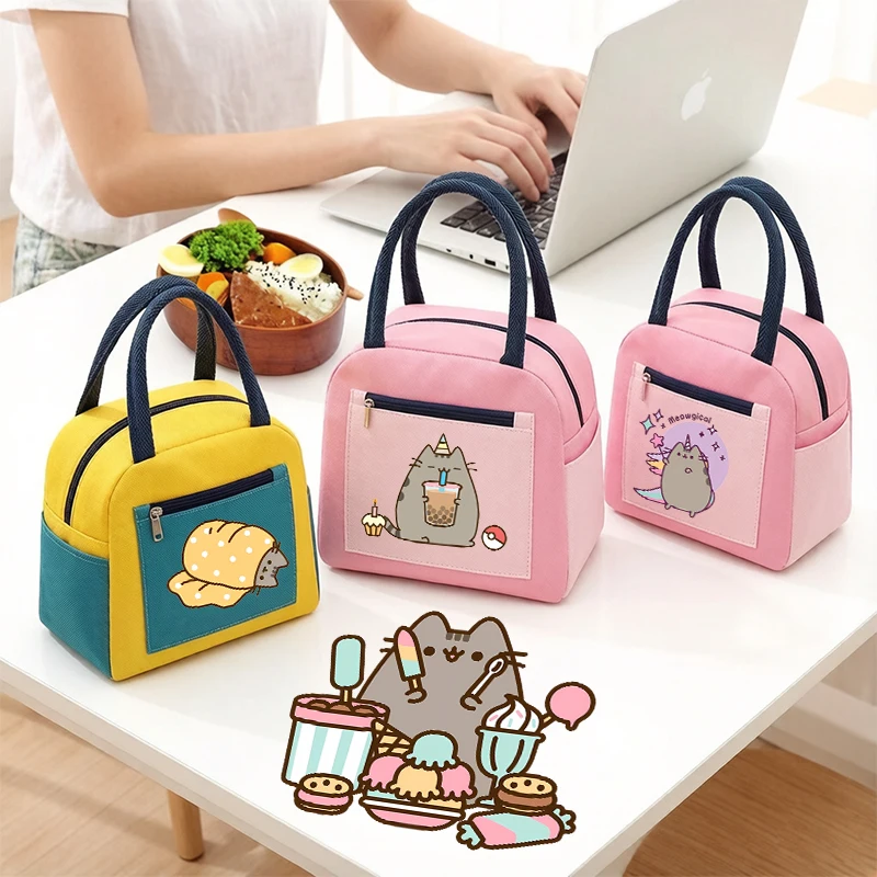 

Cute Pusheens Female Hand Lunch Bag Kid Anime Popular Cartoon Girl Student Lunch Box Women Office Kawaii Food Drink Thermal Case