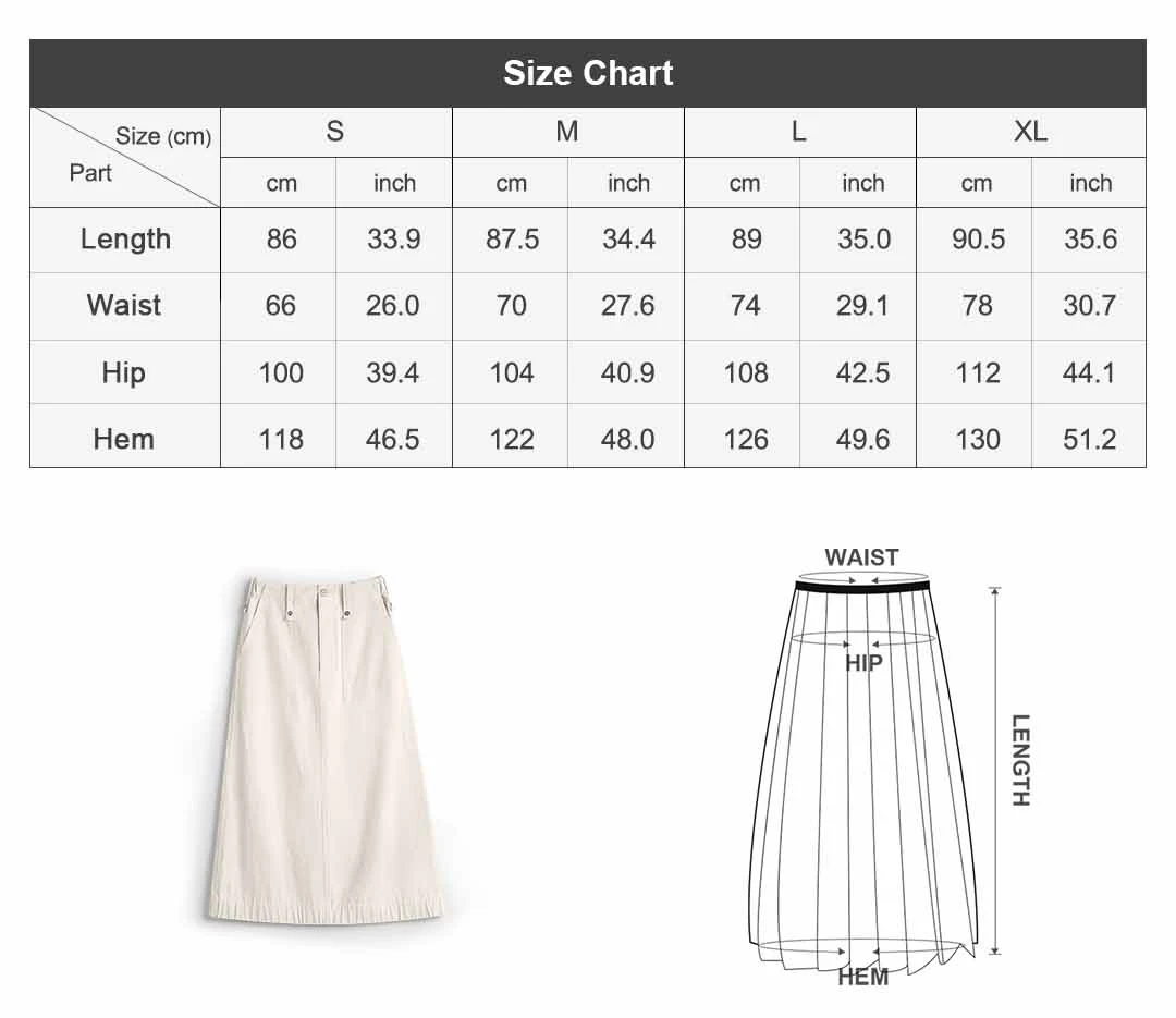 Maden Women's Cargo Skirt A Line Midi Back Slit High Waist Vintage Off White Casual Zipper Skirt for Spring Summer