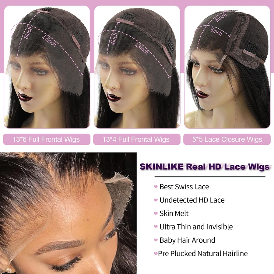 Wow Angel HD Lace Full Frontal Wigs 250% Straight 5x5 HD Lace Closure Wig Human Hair Wigs Skins Melted Remy Brazilian For Woman