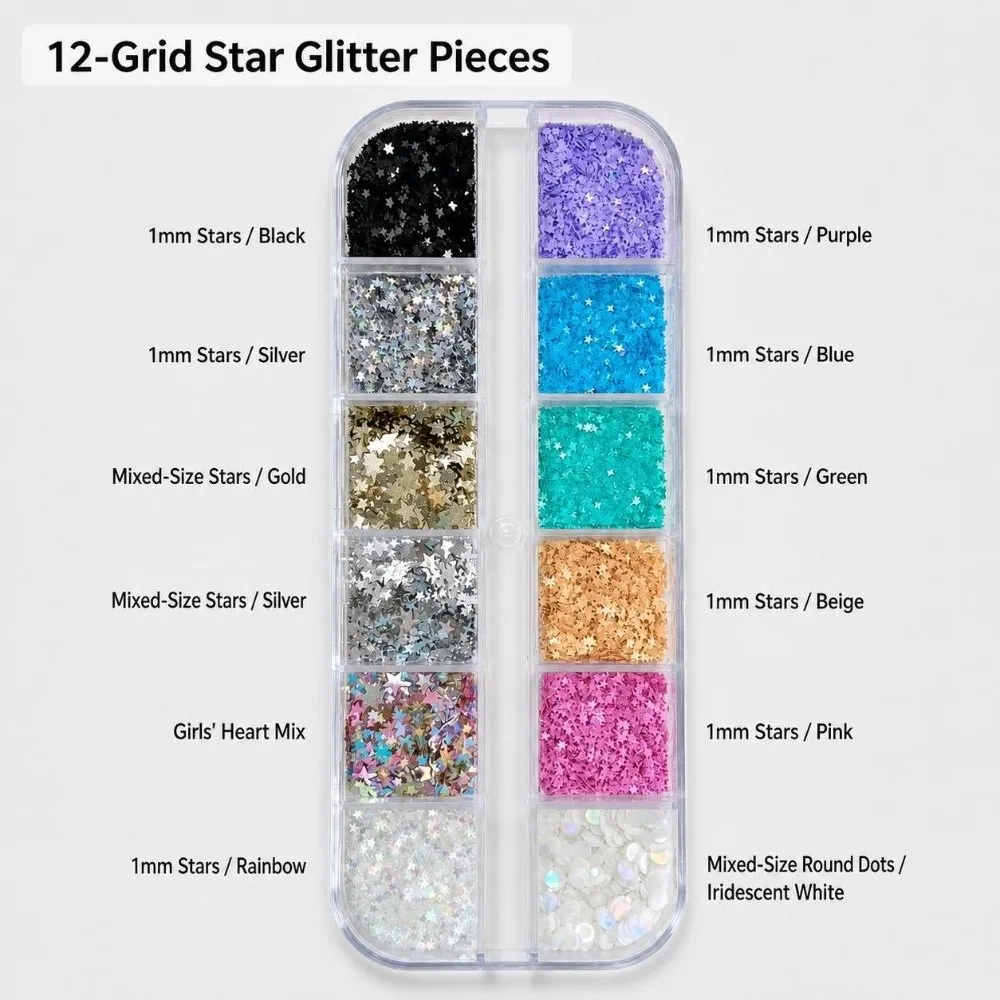 12 Grids Nail Art Sequins Kit Multicolor Polka Dots Nail Art Glitter Set Star Mixed Shape DIY Nail Embellishments