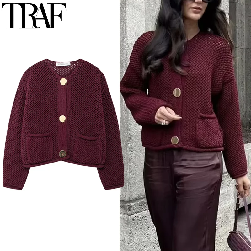 TRAF Knitted Sweater Cardigan For Women Autumn Long Sleeve Cropped Cardigans Ladies Outerwears Winter Button Knit Sweater